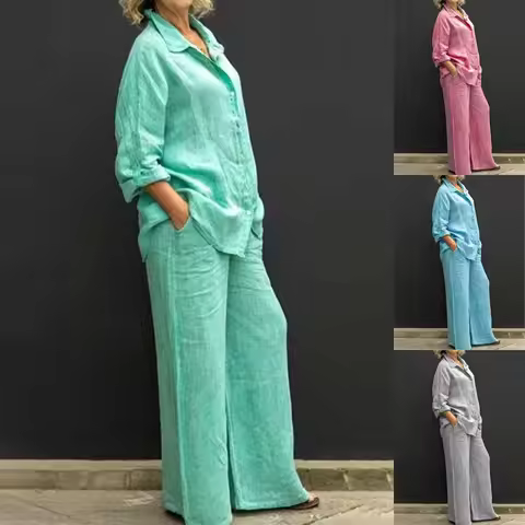 ONE TO WAN Women Cotton Lapel Shirt Two Pieces Set Vintage Solid Long Sleeve Button Blouse and Loose