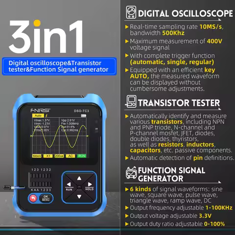FNIRSI DSO-TC3 Digital Oscilloscope Transistor Tester Function Signal Generator 3 in 1 Multifunction