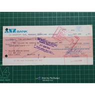 old cheque with stamp behind. ANZ Bank