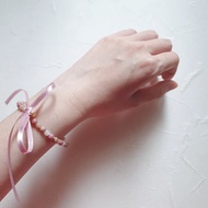 粉霧玫瑰 天然晶石可拆式蝴蝶結手環(薔薇輝石.橙月光.阿富汗花玉