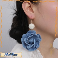 MELIFLUO Denim Blue Fabric Earrings, Exaggerate Handmade Blue Rose Earrings, Ornament Denims Flower 