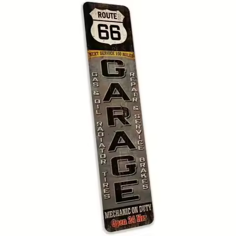 Route 66 Retro Garage Metal Wall Sign, Vintage Route 66 Retro Garage Decor, Sturdy Tin Plaque for Ma