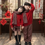 Boys' New Year's Clothes Red Sweater Suit Children's Autumn Winter Plaid Sisters' Clothes New Year's