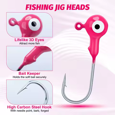 Goture 3.5g/5g Corrosion Resistant Pink Jig Heads 3D Lifelike Eyes Secure Bait Design Fishing Hooks 