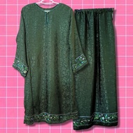 [S-M] Baju Kurung Pesak Biasa Tradisional Premium Hijau Floral Shimmering Bundle