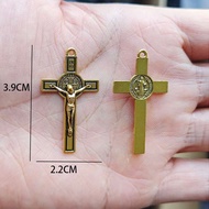10 Antique Double-Sided Rosary Pendants, Italian Jewelry, Gold Cross of Christ Saint Benedict 3.9 cm