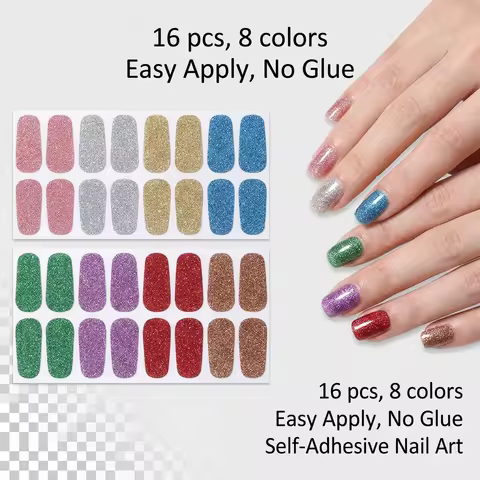 8 Sheet Nail Sticker Full Wrap Nail Strips Pink Nail Glitter Self Adhesive Gel Nail Sticker Women Se