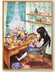 Tranh thêu chữ thập - thêu kín cô gái may vá_ KT53x72cm _DX1044_ chưa thêu