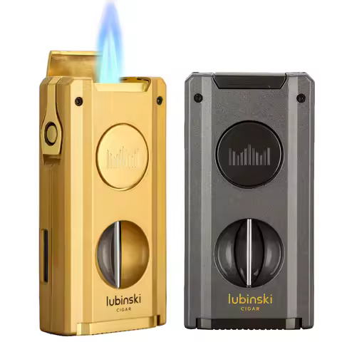 LUBINSKI Metal Cigar V Cutter Lighter Metal Butane Gas 2 Torch Cigar Lighter With Punch Needles