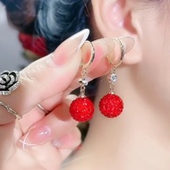 Red Ball Earrings Temperament All-Match Round Diamond Earrings Red Diamond Pendant Earrings
