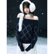 🩵 Weekend Hub | Off-Shoulder Argyle Knit Top (Navy)