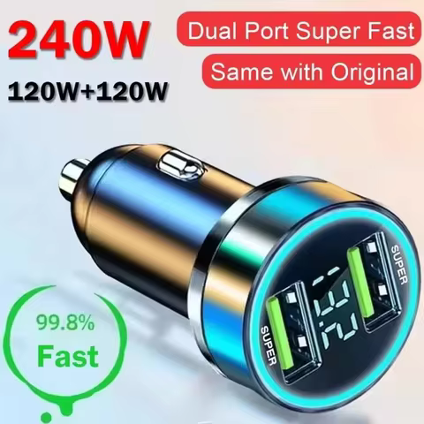 240W Dual USB Car Charger 120W Super Fast Charging with Digital Display Quick Charge Adapter for iPh