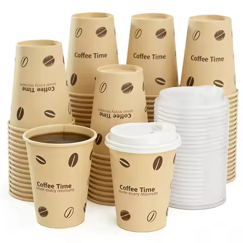 25/50Pack Disposable Paper Coffee Cups with Lids 12oz Bamboo Pulp To Go Drinking Paper Cups for Cold