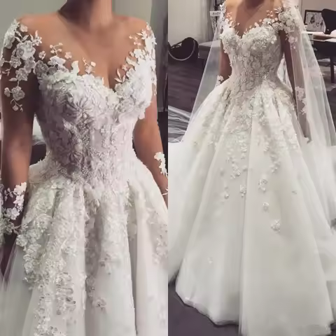Princess Sheer O-neck Wedding Dresses Long Sleeves 3D Floral Lace Appliques Plus Size A-line Bridal 