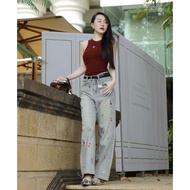 QC women's wide-leg jeans with mushroom embroidery, length 87cm + 97cm, size SML Shop Nhi (7247 S02 