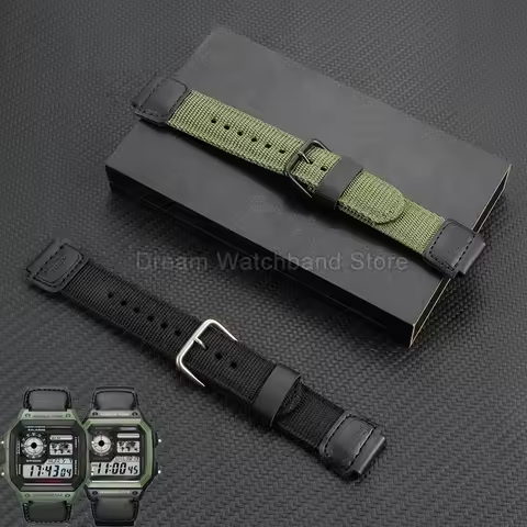 Black Army-green Nylon Watch Band for Casio AE-1300 GW-M5610 F-91W A158 SGW-300 Convex Interface 18x