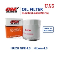 OSK Oil Filter O-6747 for Isuzu NPR 4.3 HICOM 4.3 8-94338181-1S (Single Valve)