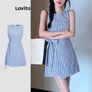 Lovito ชุดเดรสลําลอง ลายกิงแฮมผูกหน้าFake 2-in-1 เดรสสําหรับผู้หญิง L177AD416