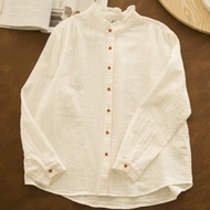 Áo Sơ Mi Muslin Cổ Đứng Cotton Nguyên Chất Có Viền Tua Rua Màu Trơn Đa Năng Lớp Đế Chống Lão Hóa Lớp