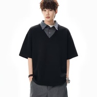 【Hatton Gutto COD】Fake two polo collar short sleeved loose couple half sleeved men's T-shirts