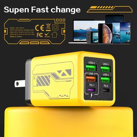 240W 6 Ports Mobile Phone Charger 4USB+2Type C Super Fast Charging USB3.0 PD3.0 EU/UK/US Charger for