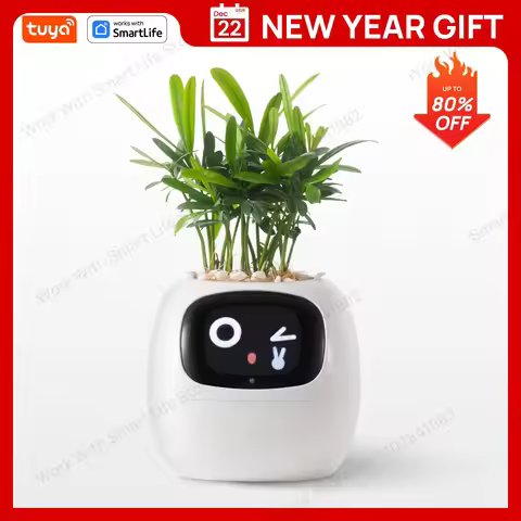White Tuya Ivy Smart Planter,Endless Fun Over 49 Rich Expressions,7 smart sensors and AI Chips Make 