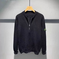 Cross-border stone islandˉautumn and winter zipper stand-up collar solid color knitted sweater cardi