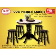 100% Natural Marble Table + 4x Wooden Stool 3FT Marble Round Table Meja Makan Meja Kopitiam