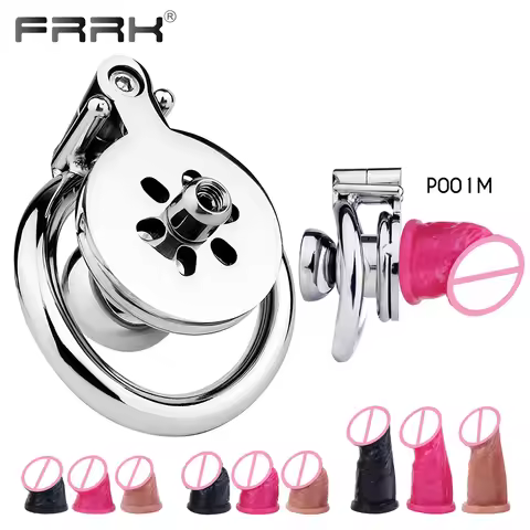 FRRK Flathead Chastity Cage Device with Sissies Pink Dildo Sextoys For Man Stainless Steel Small Cha