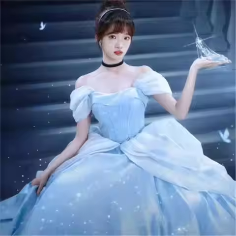 Blue Fairy T Princ Evening Gown with Bubble Sves Sparkling Long Ball Dr for Women Ele Lady's Par Dr
