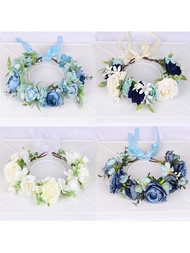 1 pieza Diadema vintage de flores simuladas para niñas con decoración de follaje verde para mujeres, bodas, vacaciones en la playa, fotografías y accesorios de fiesta