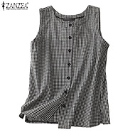 ZANZEA Women Korean Casual Round Neck Sleeveless Contrast Check Shirts