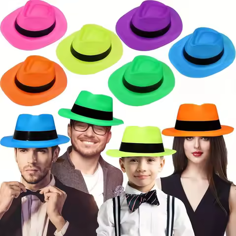 12 Pieces Neon Mafia Style Party Hats - Bright Dress Hats for Gangster Music Disco Birthday, Photo B