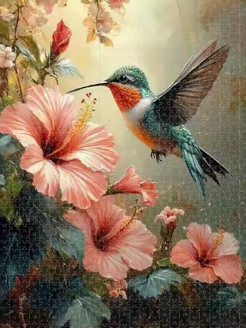 Hummingbird & Hibiscus Jigsaw Puzzle - 500/1000/1200/2000 Pcs, 38x52cm to 70x100cm, Floral Bird Art 