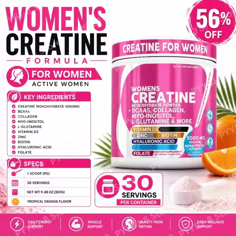 Women's Creatine Monohydrate Powder 5000mg, BCAA Multi-Collagen Biotin Vitamin D3 Tropical Orange Sp