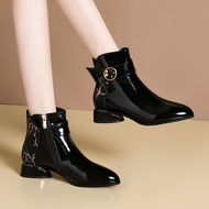 COD New PLOVER Patent leather ankle boots shiny autumn and winter popular leather shoes womens short