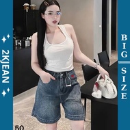 Women's heart-embroidered jean shorts big size 55-85kg, embroidered high-waisted plain shorts MS50 2