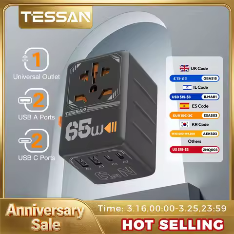 TESSAN 65W GaN International Plug Travel Adapter with USB Type C 140/100/35W Worldwide Universal Pow