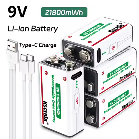 Rechargeable 9V Battery, 21800mWh Large Capacity 9 Volt Li-Ion Batteries Charge with Type-C Cable, f