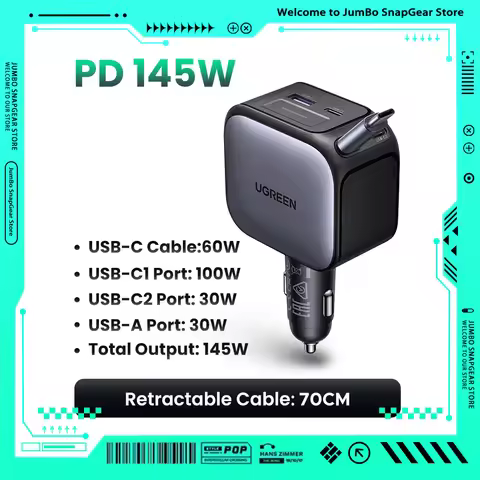 UGREEN USB Type-C Car Charger PD145W 90W 60W Retractable Cable PD SCP AFC PPS Fast Charging For Tabl