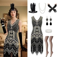 7pcs/set 1920s Great Gatsby Dresses for Women Set, Roaring 20s Flapper Dresses for Women Sequin Frin