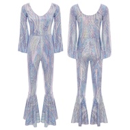 Yartina Women 70s 80s Disco Outfit One Piece Long Sleeve Flared Jumpsuit Glittering Retro Disco Cost