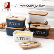 【SG】Butter Storage Box Porcelain Butter Dish with Bamboo Lid Covered Butter Dish with Butter Knife for Countertop