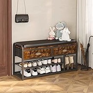 Homeiju Shoe Bench, 3 Tier Entryway Bench, Shoe Storage Bench with Padded Seating &amp; Drawers, 35.5” Metal Entryway Foyer Hallway Bench, Vintage Brown