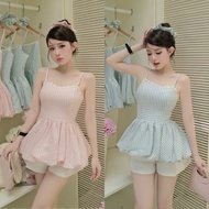 Women's Outfit Set 3 Piece - Puffed Striped 2-Piece Top with Shorts Mixed with Bow and Hair Tie for 