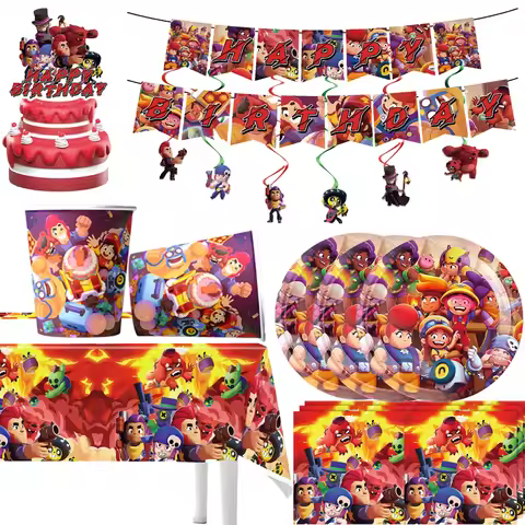 Brawl Stars Game Themed Birthday Party Tableware Paper Cups Plates Napkins Tablecloth Banner Birthda