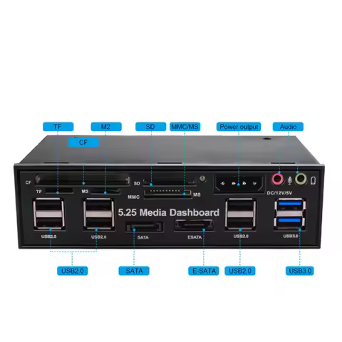 Multifuntion 5.25" Media Dashboard Card Reader USB 2.0 USB 3.0 20 Pin e-SATA SATA Front Panel for Op