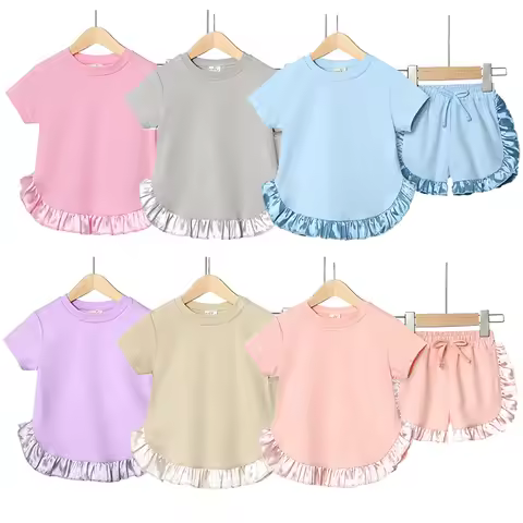 2026 Kids Girls Summer Outfits Solid Cotton T-shirt+Shorts Toddler Teenager Lounge Suit For 9M-7T Ca