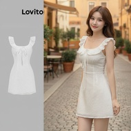 (trendy2)Lovito Cute Plain Tie Front Eyelet Embroidery Dress for Women L122AD063