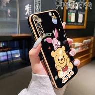 Chenyyka เคสสำหรับ Realme 6 Pro Realme 6Sเคส Narzo วินนี่ขอบช้อนส้อมมีดหมีพูห์ดีไซน์ใหม่สี่เหลี่ยมเคสมือถือลายชุบแบบบางกล้องฝาปิดเลนส์เต็มรูปแบบปกป้องเคสนิ่มกันกระแทก